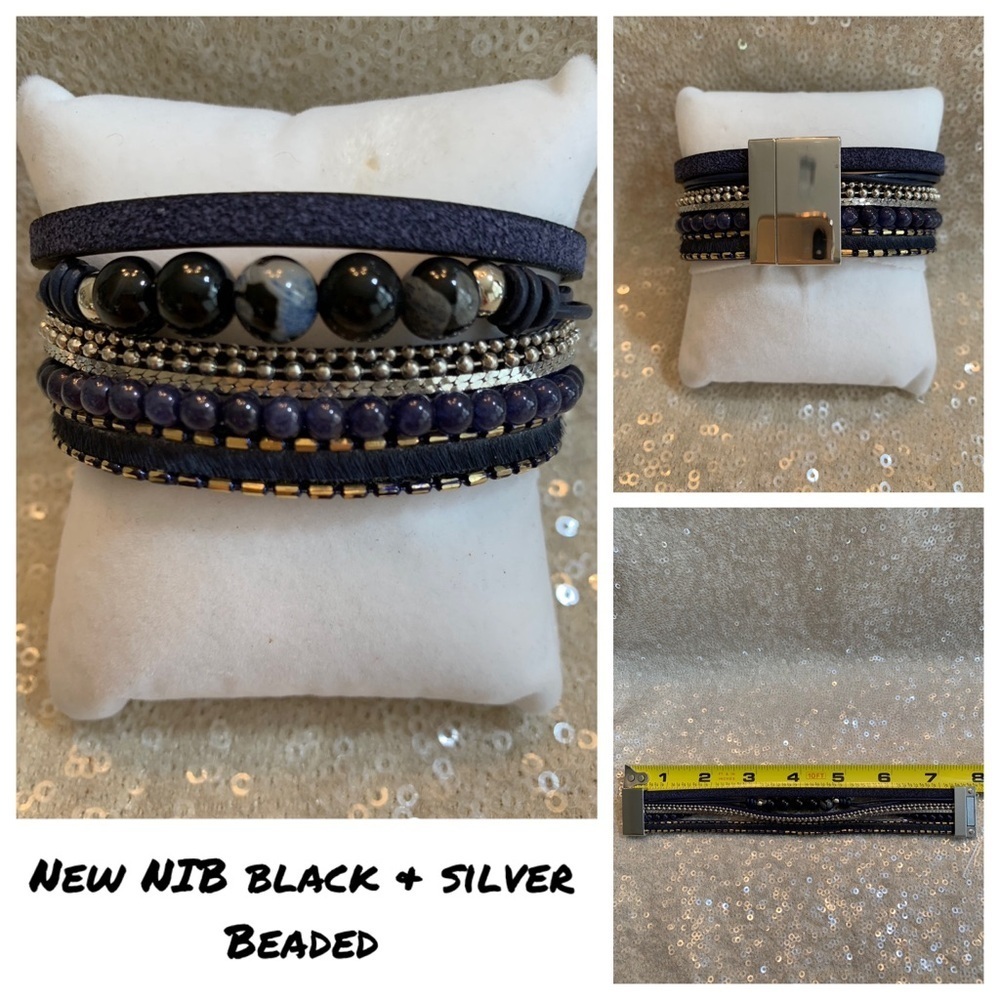 New NIB black silver beaded wrap bracelet